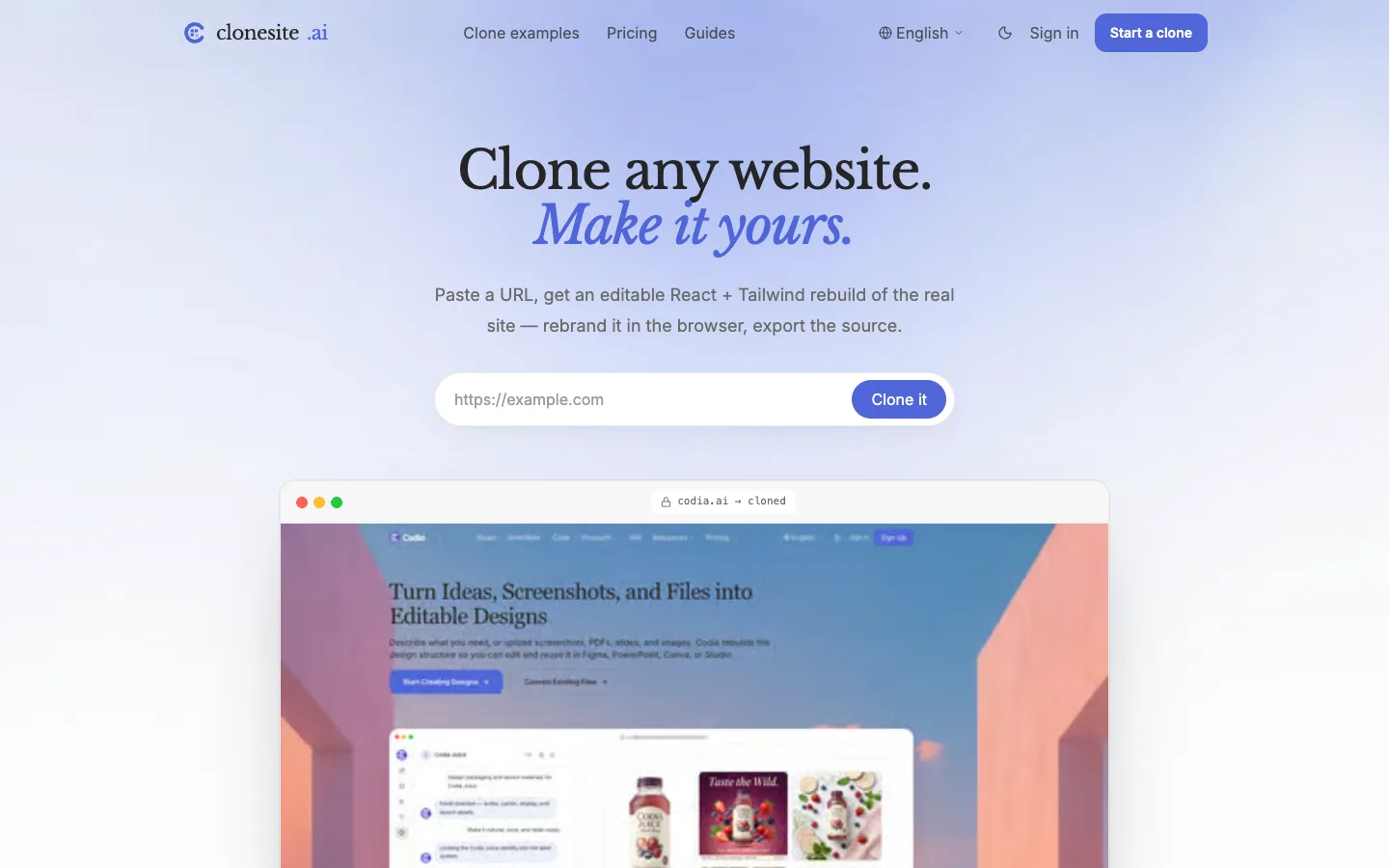 Clonesite AI website homepage at the last check