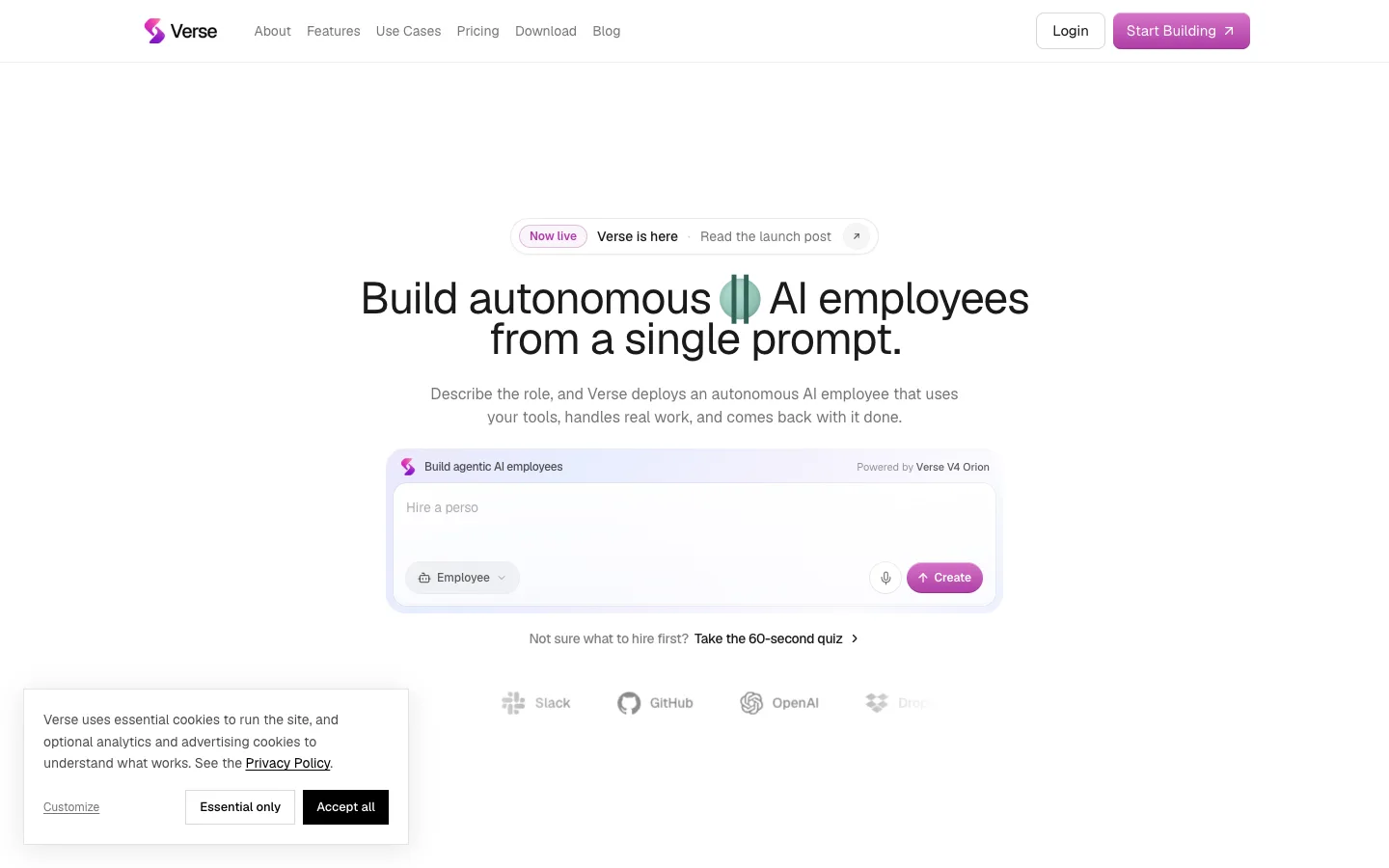 Verse website homepage at the last check