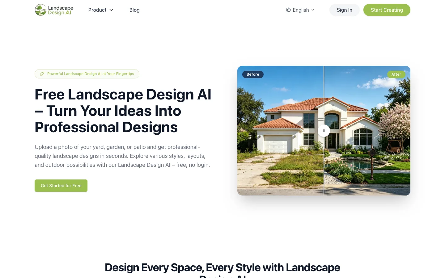 Landscape Design AI website homepage at the last check
